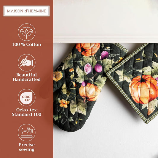 Maison d' Hermine 100% Cotton Oven Mitt & Pot Holder Set (7.5"x13" & 8"x8") Heat Resistant BBQ Cooking Gloves with Loop for Christmas Decorations Handling Hot Pans (Pumpkin Garden - Dark Green)