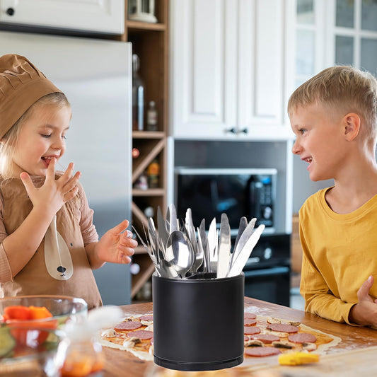 Silverware Organizer Kitchen Utensil Holder 360°Rotating For Counter Organizer Stainless Steel Storage Silverware Caddy 3 Compartment Flatware Spoon Spatula Tool Cutlery Container(Black)