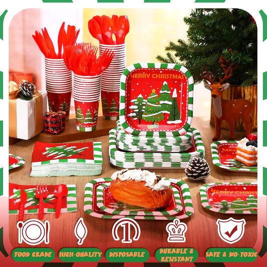 350 Pcs Paper Plates and Napkins Set Disposable Dinnerware Party Supplies Tableware Serve 50 Guest Cups Knife Forks Spoon(Red,Merry Christmas)