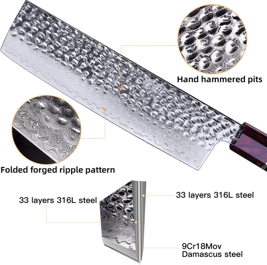 FINDKING 7 Inch Japanese Nakiri Knife with ABS sheath, Professional Vegetable Cleaver, Damascus Steel Blade, Resin Octagonal Handle, for Shredding, Slicing, Mincing (Eternity Series)