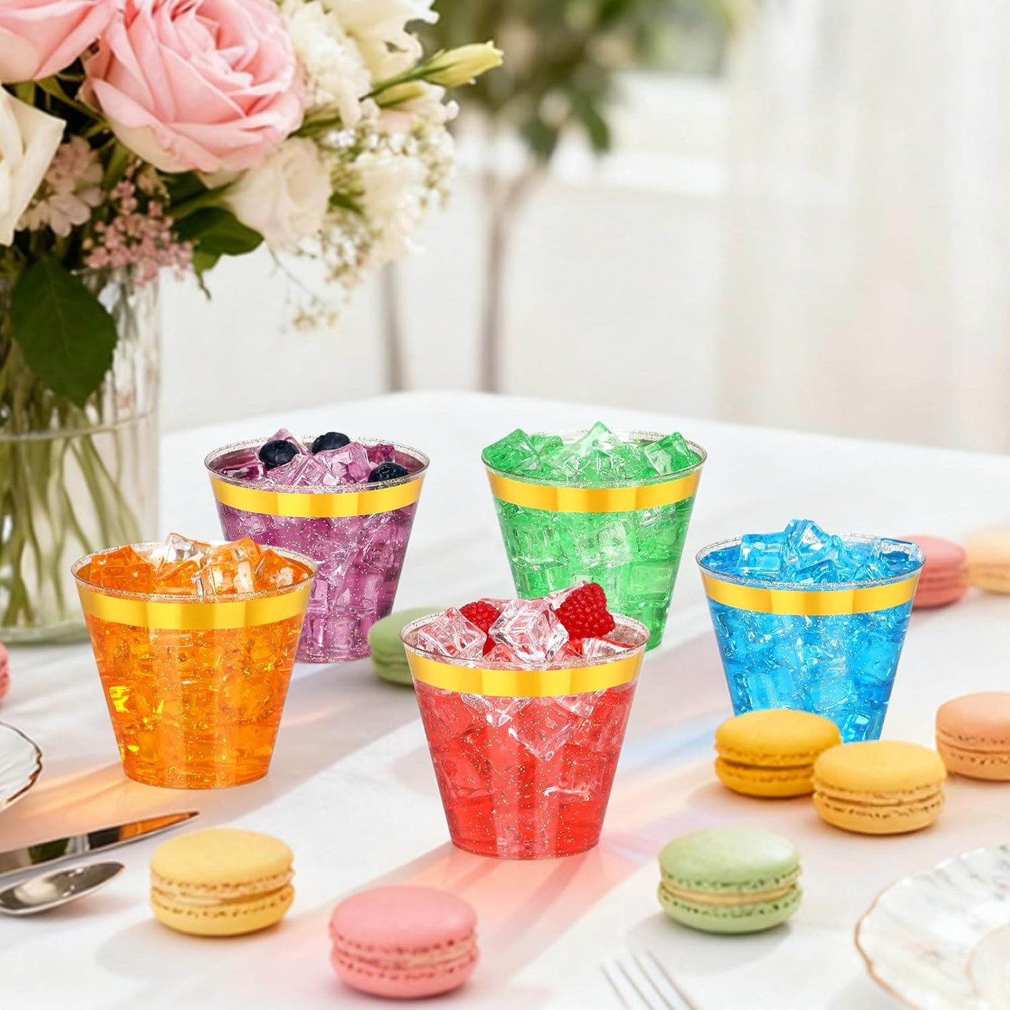 100 Pcs 9oz Glitter Gold Plastic Cups,9Oz Gold Rimmed Plastic Cups With Glitter Golden,Heavy Duty Clear Disposable Plasitc Cocktail Tumblers Wine Cup for Party,Wedding,Birthday,Christmas