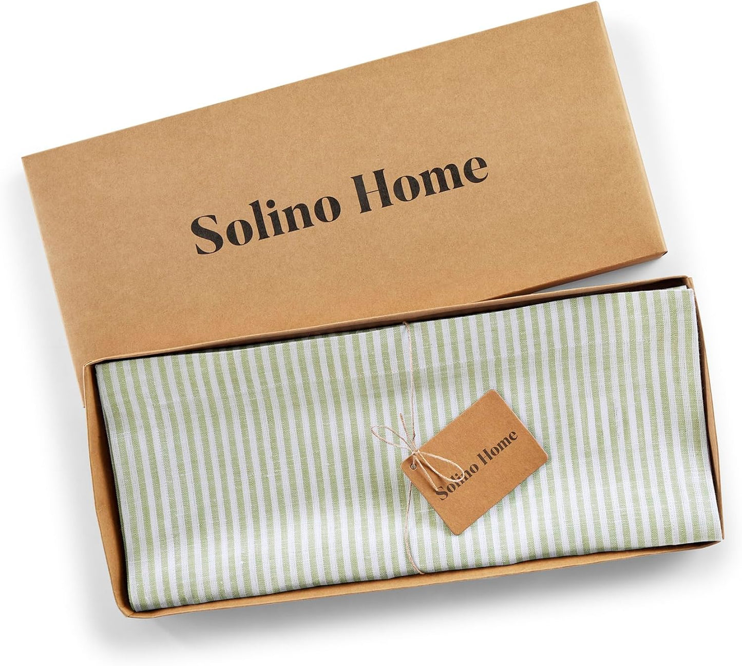 Solino Home Linen Table Runner 36 Inches - Narrow Stripe 100% Pure Linen Avocado and White Table Runner 14 x 36 Inch Ideal for Dresser and Coffee Tables - Fall, Halloween, Thanksgiving, Christmas