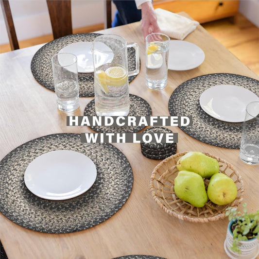 Flint Hill Jute Woven Round Placemats Set of 6, 15", Warm Primitive Decor, Grey Table Mats - Vibrant Colors, Durable, Easy to Clean and Protects Furniture