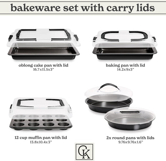Country Kitchen Baking Pans Set - 10 Piece Non-Stick Cake Pans with Carry Lids for Easy Storage & Travel, Perfect for Parties - Stackable, Black