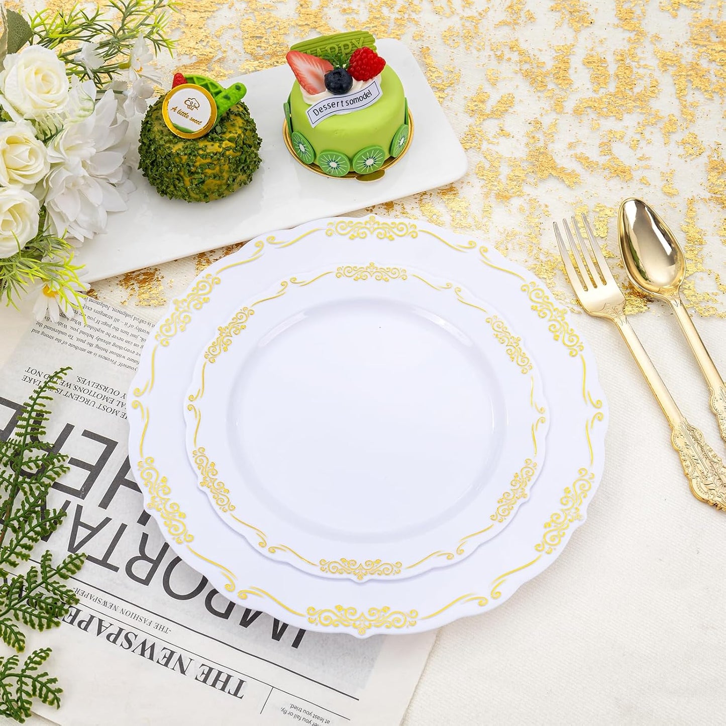 DaYammi 150Pcs White Gold Plastic Plates & Plastic Silverware, Gold Disposable Plates for Party Include 30 Dinner Plate, 30 Dessert Plate, 30 Knives, 30 Forks, 30 Spoons for Thanksgiving Party Holiday