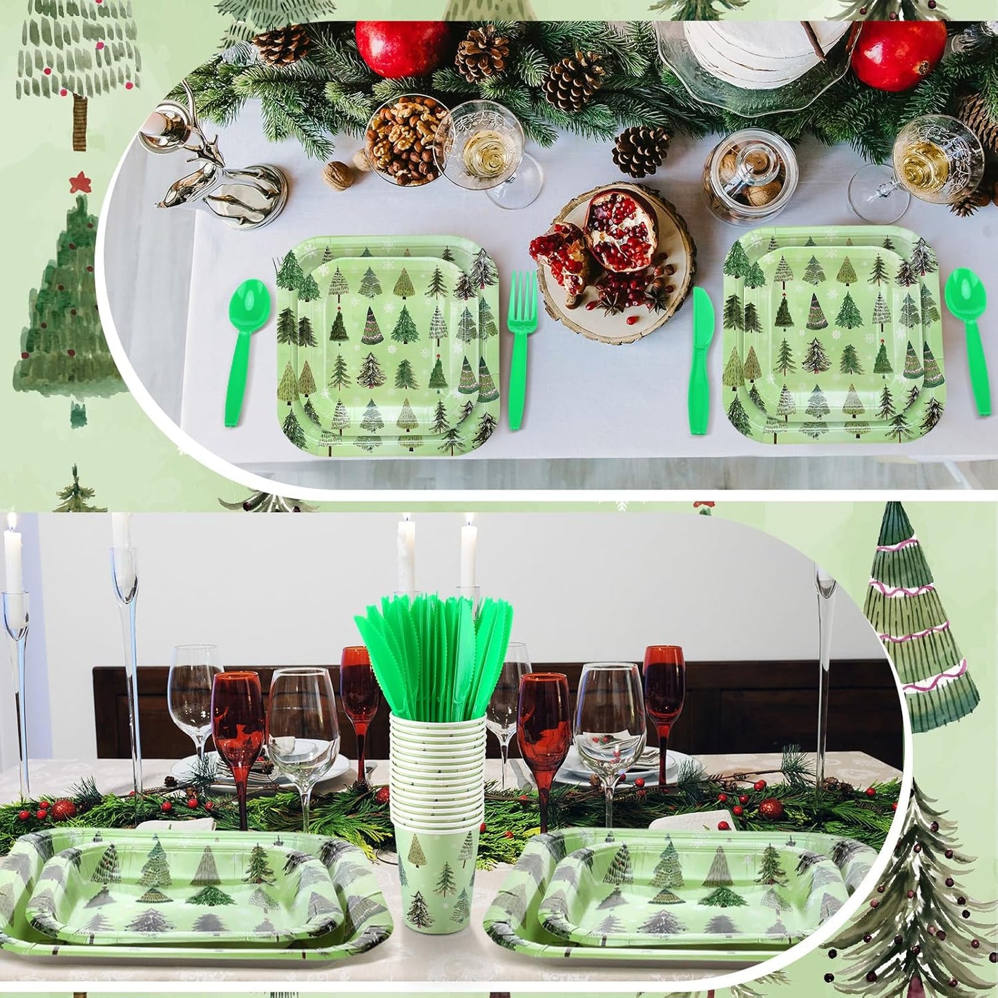 350 Pcs Paper Plates and Napkins Set Disposable Dinnerware Party Supplies Tableware Serve 50 Guest Cups Knife Forks Spoon(Green,Christmas Tree)