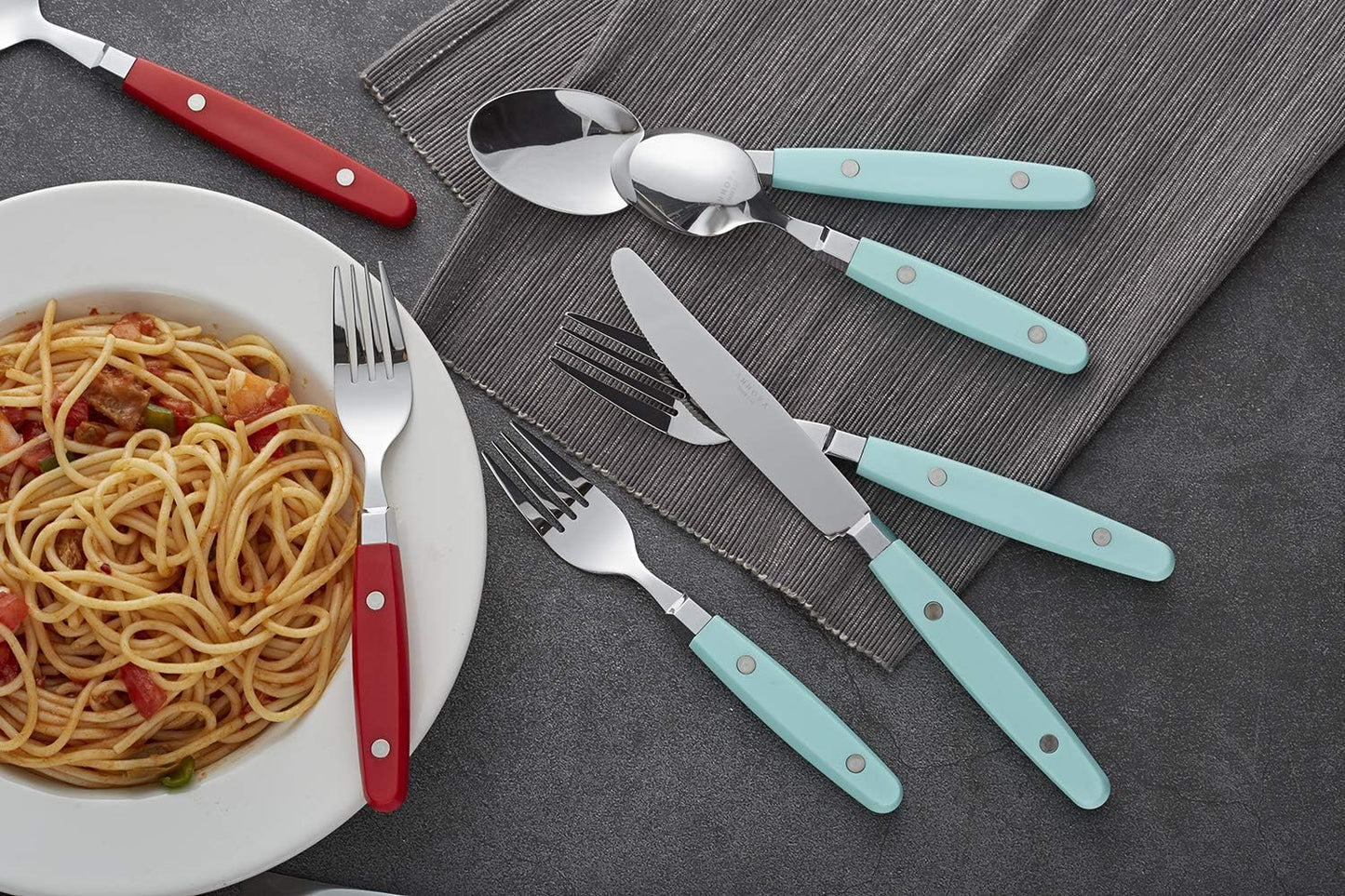 ANNOVA Silverware Set, Retro/Rivet Colorful Stainless Steel Tableware Kitchen Flatware Set Utensils, Includes Dinner Knives, Forks, Spoons, Salad Forks & Dessert Spoons (Turquoise, 20 Pieces)