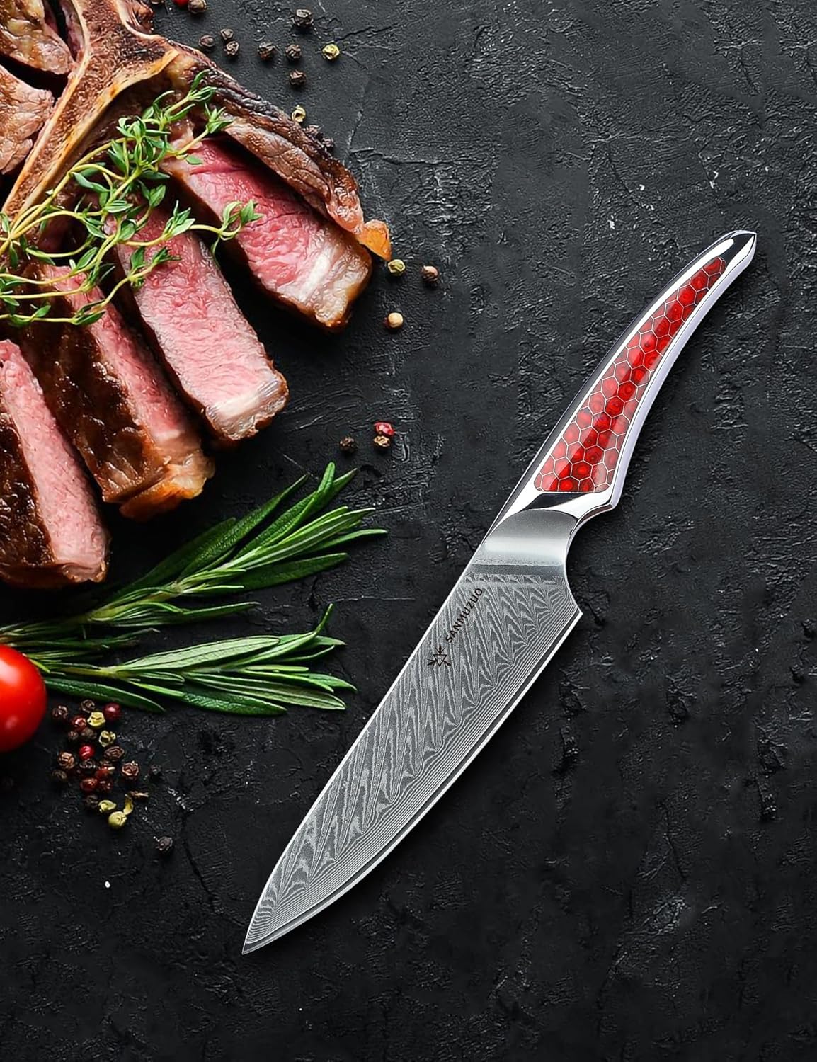 5 inch Utility Knife, Japanese VG-10 Damascus Steel Kitchen Knife, Ultra Sharp Fruit Knife with Full-tang Handle in Red Resin, LA-S9 Series