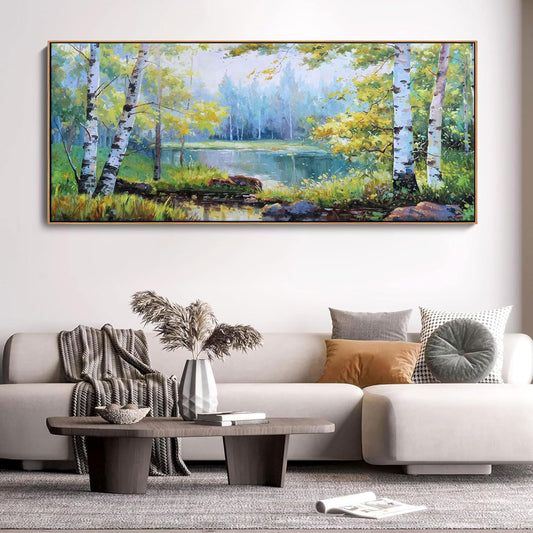 YCPRIMER Extra Large Forest Wall Art Green Trees Picture for Living Room Birch Tree Painting for Living Room Bedroom Decoration Landscape Canvas Wall Decor Framed Artwork Size 70×31inchs