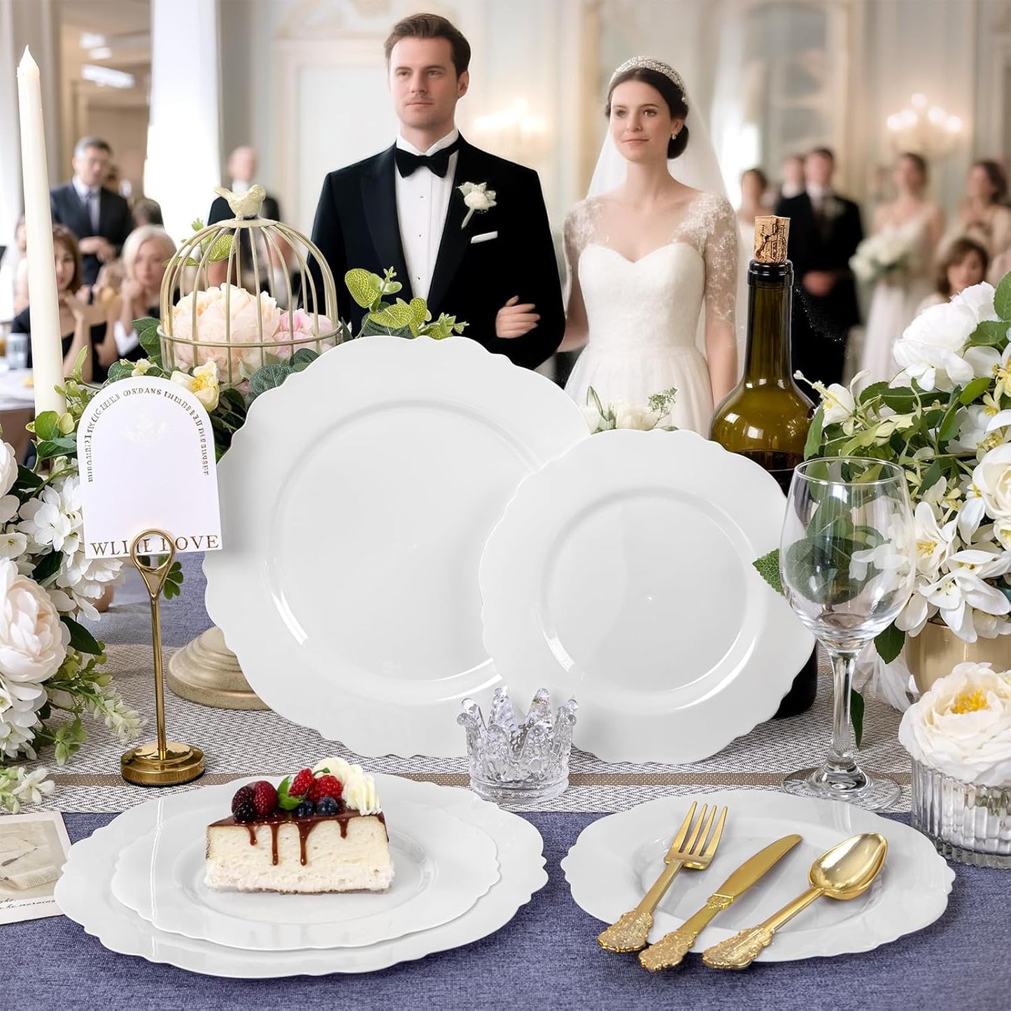 WDF 60pcs White Plastic Dessert Plates -7.5inch Baroque White Disposable Appetizer/Small Cake/Salad Plates- for Upscale Parties & Wedding