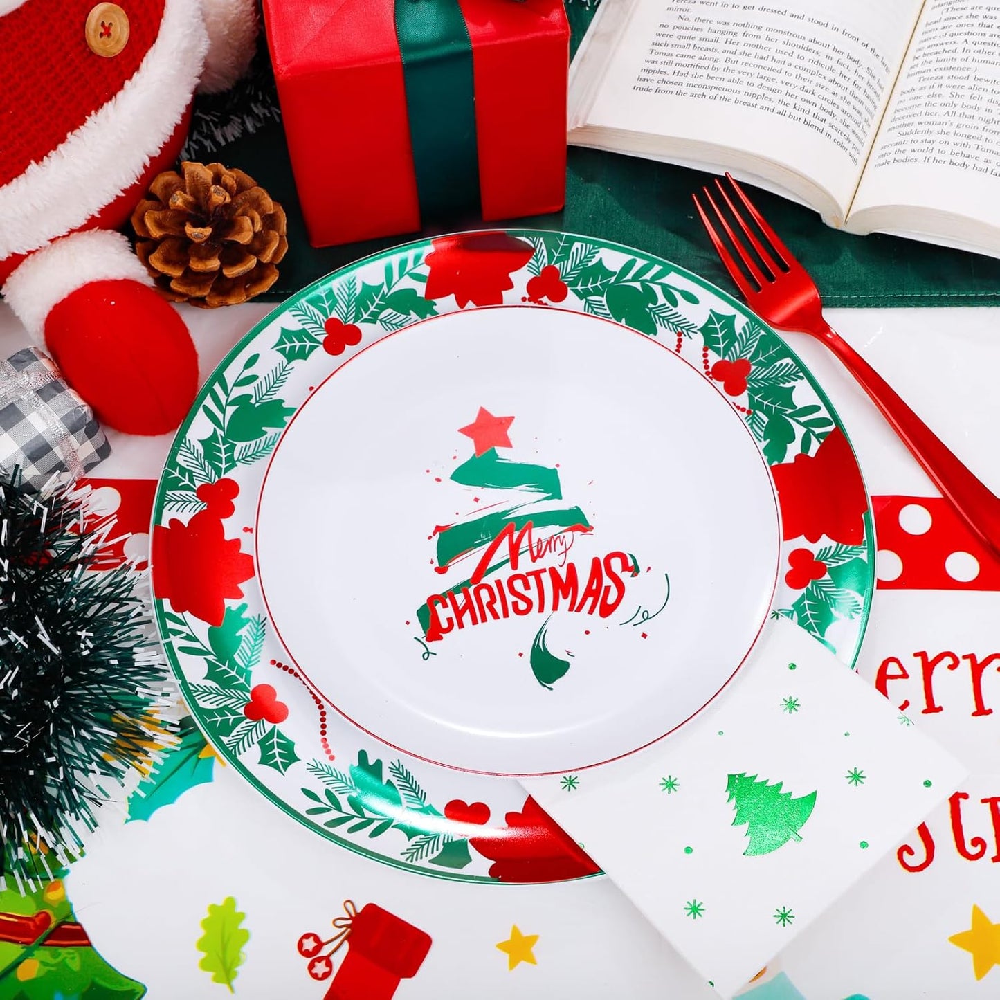 GATHER 176 Pieces of Christmas Plates - Disposable Plastic Dinnerware Set - Christmas Tree Includes 50 Plates 75 Plastic Silver Cutlery 25 Cups 25 Napkins and Tablecloths