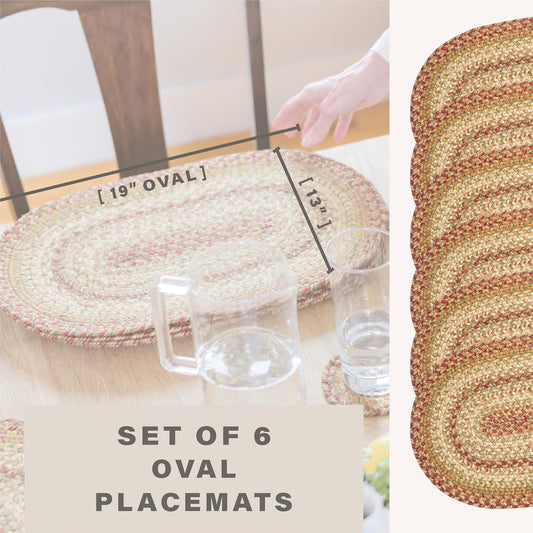 Harvest Jute Braided Oval Placemats, Warm Country Decor, Set of 6, 13x19 Multicolor Table Mats - Vibrant Colors, Durable, Easy to Clean and Protects Furniture