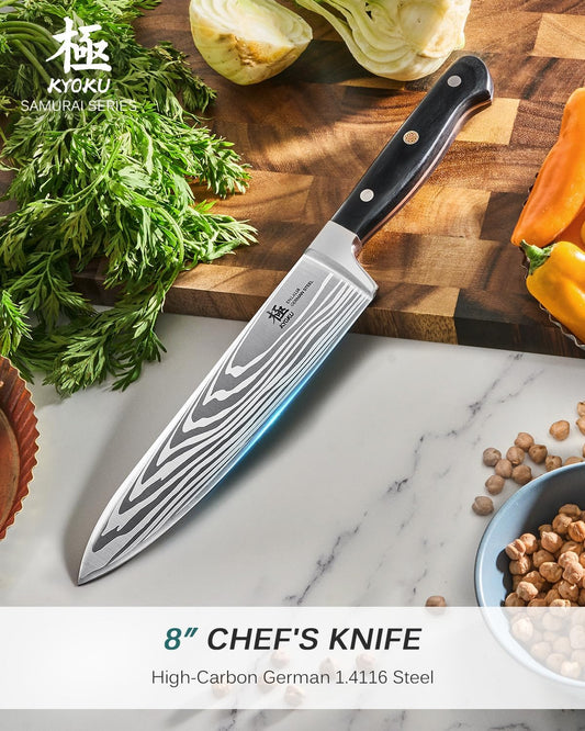 KYOKU 8" Chef Knife, Samurai Series Japanese Chef's Knife with Sharpening Stone, High Carbon Steel Kitchen Knife with Pakkawood Handle Mosaic Pin Gift Box for Meat Vegetable Fruit Chopping Slicing
