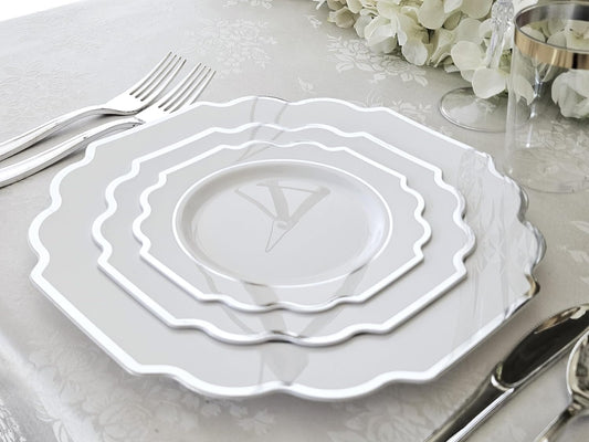 " OCCASIONS " 120 Plates Pack,(60 Guests) Heavyweight Wedding Party Disposable Plastic Plates Set -60 x 10.5'' Dinner + 60 x 8'' Salad/Dessert Plate (Imperial in White & Silver Rim)