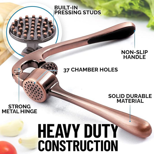 Zulay Kitchen Premium Garlic Press Set - Rust Proof & Dishwasher Safe Professional Garlic Mincer Tool - Easy-Squeeze, Easy-Clean with Soft, Ergonomic Handle - Silicone Garlic Peeler & Brush (Copper)