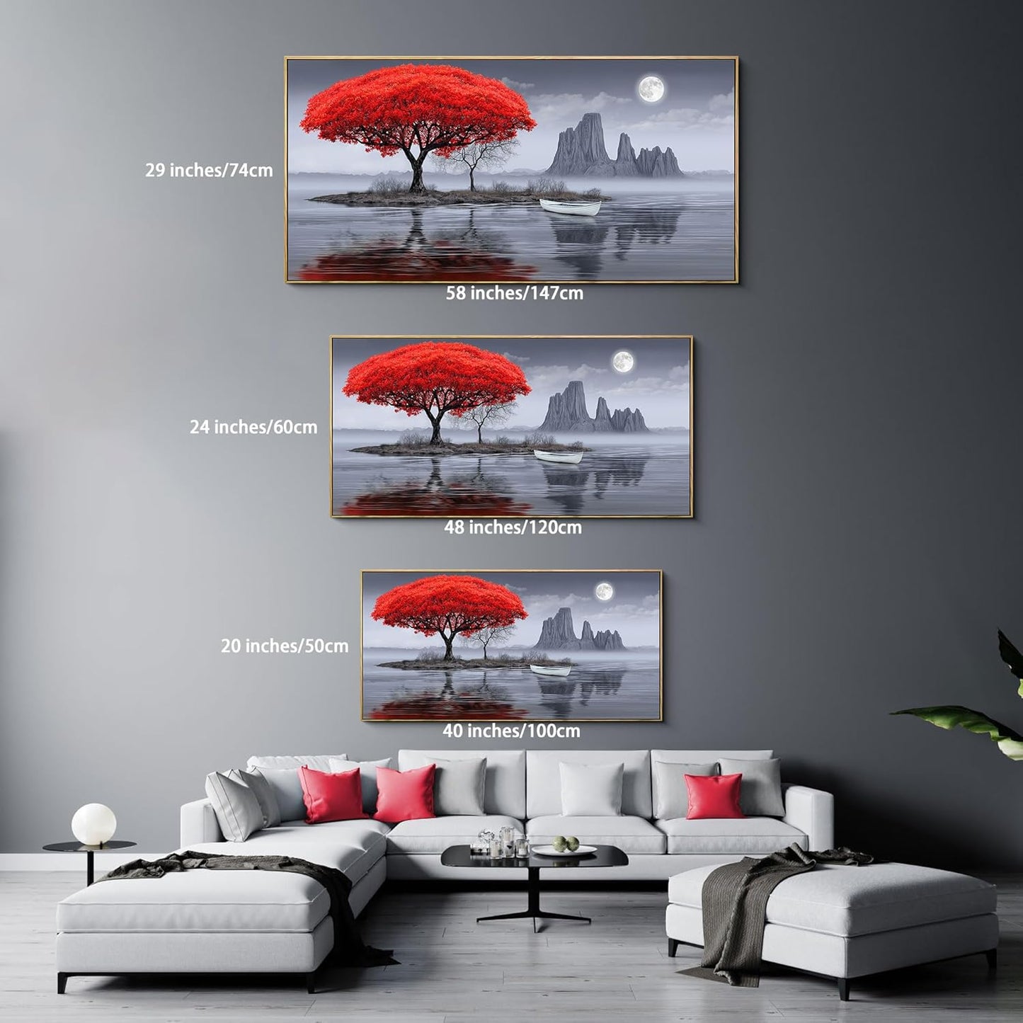 XLSJERST Large Wall Art - Red Room Wall Art Bedroom Decoration Frame Canvas Artwork Moon Landscape Lake Pacture for Living Room Office Black and White Wall Art 20x40 Inches