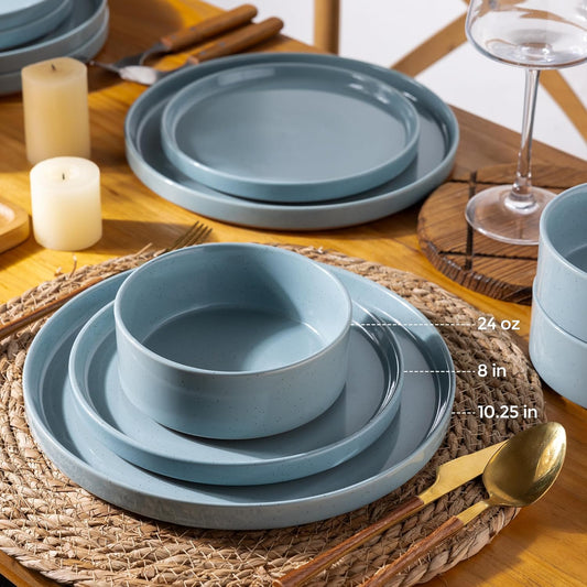 AmorArc Ceramic Dinnerware Set for 4 | Speckled Stoneware Plates and Bowls with unglazed terracotta | Scratch Resistant, Dishwasher & Microwave Safe Dishes Sets- 12-Pcs Blue