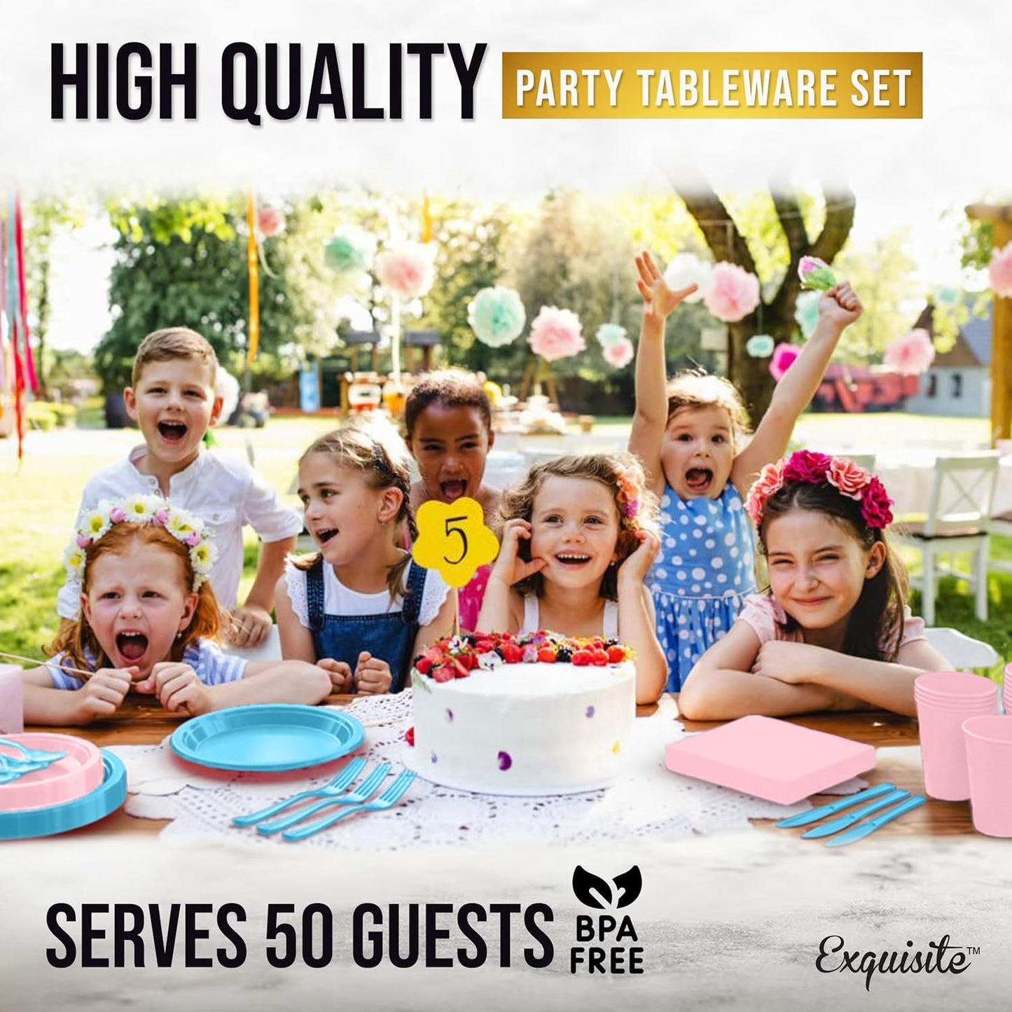 Party Solids 350 Pieces Gender Reveal Plastic Plates For Party, Gender Reveal Disposable Plates Set, 50 Of Each 9" Dinner Plate Set, 7" Dessert Plate, Cups, Napkins & Cutlery Plastic Dinnerware