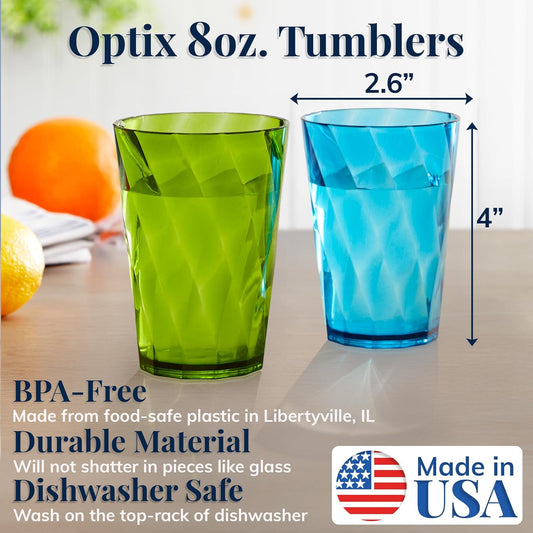 US Acrylic Optix Mini Plastic Reusable Drinking Glasses (Set of 8) 8oz Juice Cups in Jewel Tone Colors | BPA-Free Tumblers, Made in USA | Top-Rack Dishwasher Safe