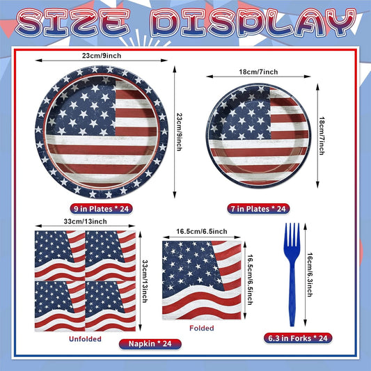 96 Pieces Patriotic Tableware Set – Vintage American Flag Disposable Dinnerware with Paper Plates, Napkins, Cups, Forks for Fourth of July, Memorial Day, Veterans Day Celebrations, Serves 24 Guests