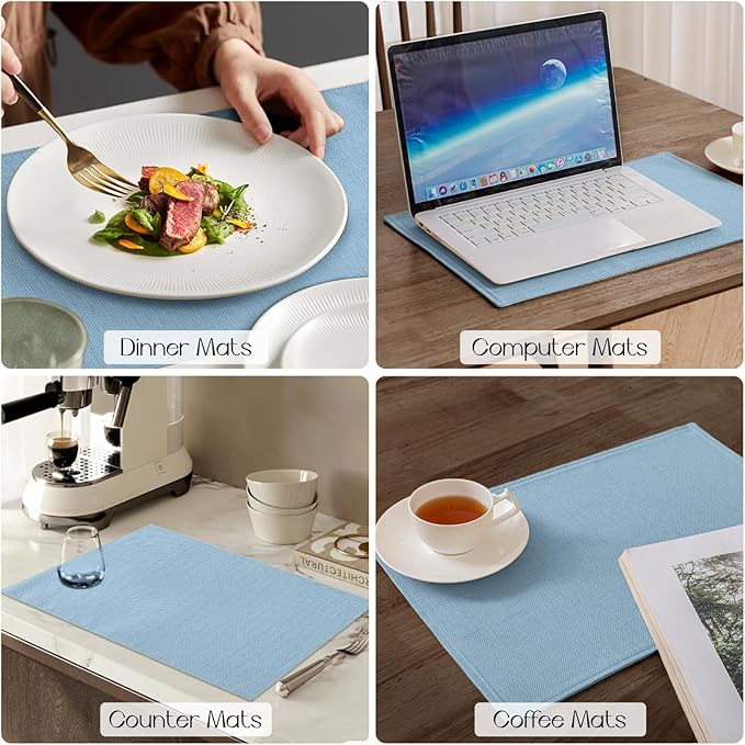 Romanstile Cloth Placemats Set of 4-12 x 18 Inch, Heat Resistant Double Layered Thickened Burlap Place Mats, Washable Faux Linen Farmhouse Table Mats for Kitchen/Dining/Party/Outdoor, Blue