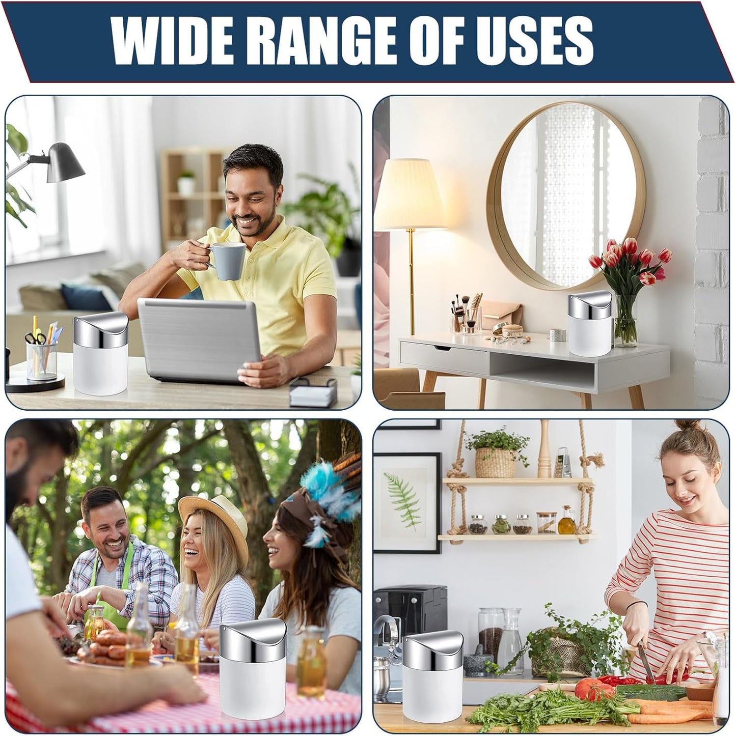 2 Pcs Desk Trash Can with Swing Lids, 12 Rolls of Trash Bags, 2L Brushed Stainless Steel Countertop Garbage Bin Small Wastebasket with Lid for Office Desk, Coffee Table(Matte White)