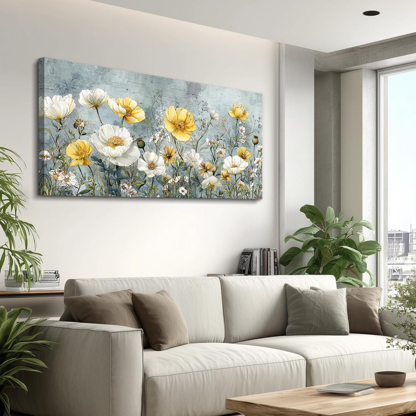 QIYILEXWART Large Wall Decor For Living Room Canvas Wall Art For Office Modern Wall Decorations For Bedroom Yellow White Flowers Landscape Painting Farmhouse Pictures Artwork Room Home Decor 24x48 In