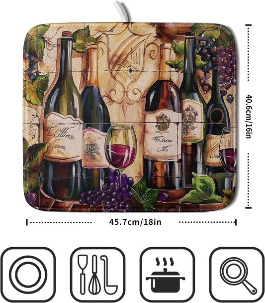 Wine Dish Drying Mat for Kitchen Counter Vintage Wine Glasses Dish Drainer Mats Absorbent Microfiber Dishes Pad Reusable Washable Large Dish Draining Mat 16x18 Inch