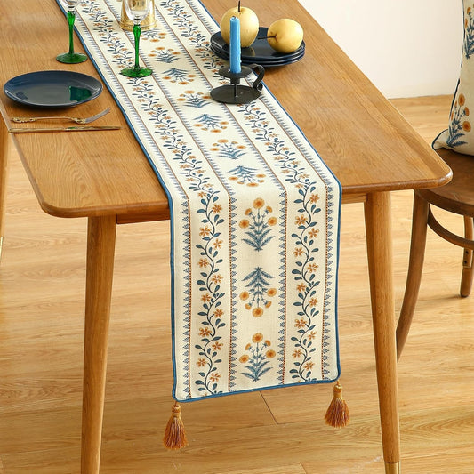 ISAENNE Designer Pale Yellow Elegant Linen Table Runner 102 Inches Long,French Floral Pattern Elegant Table Runners for Dining Tables,Thanksgiving,Kitchen Tables,Christmas,12"*102"-Estevan A