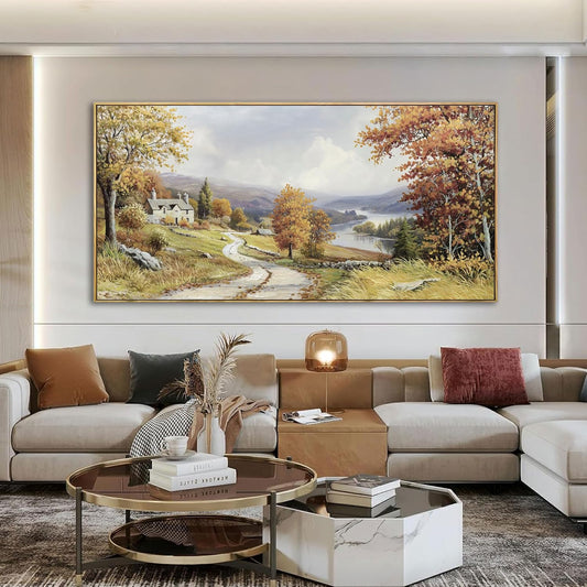 KLAKLA Landscape wall art - Autumn Rustic Field Burnt Orange Tree Landscape PictureC anvas Frame Artwork Farm Log Cabin Farm Wall Decor for Living Room Bedroom Office - 58x29 Inches