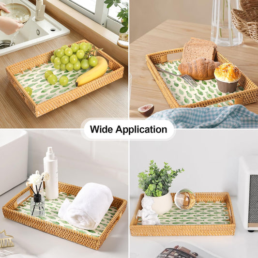 Rectangle Rattan Tray with Mother of Pearl Inlay, Rattan Serving Tray with Handle for Coffee, Bread, Fruits, Snacks, Decorative Wicker Tray for Table Decor (Rectangle Green Fish, 13"×9")
