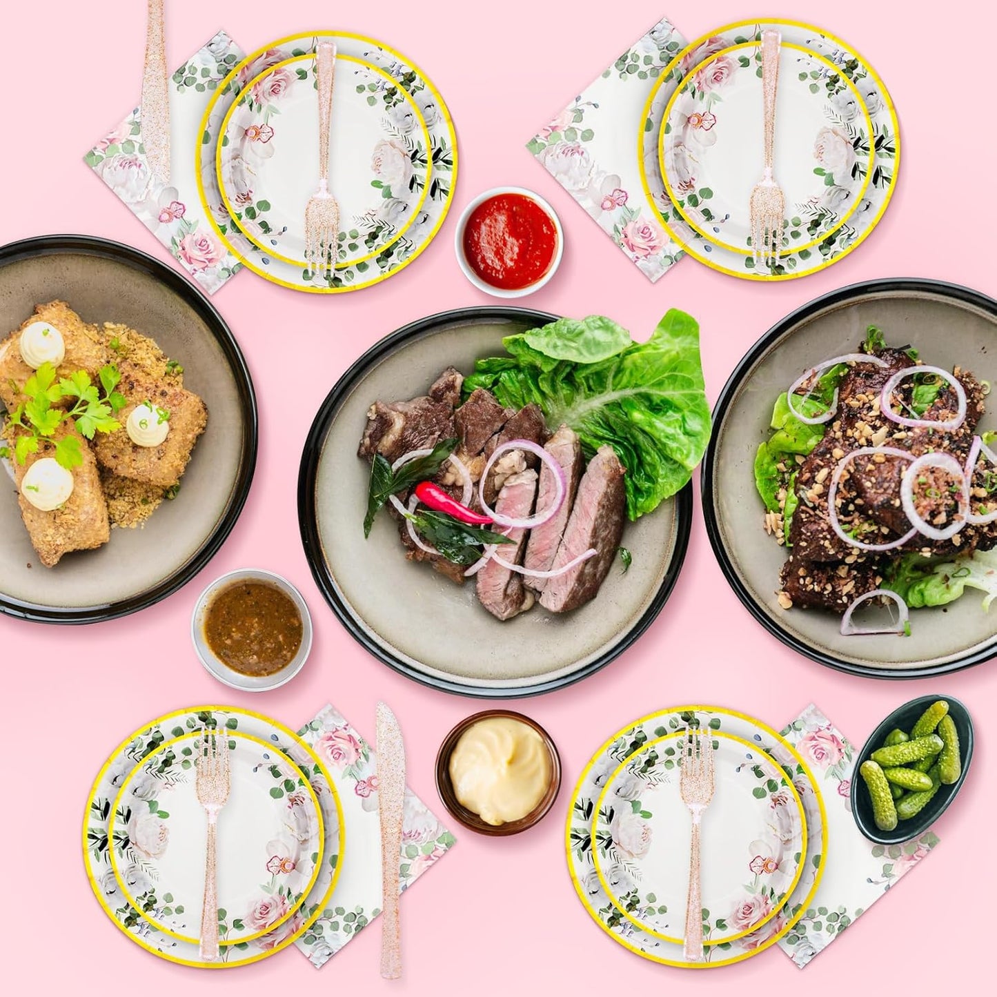 168 PCS Floral Plates and Napkins Party Supplies Serve 24 Flower Disposable Paper Dinnerware Sets for Adults Bridal Shower Decorations Baby Shower Birthday Wedding Engagement Tea