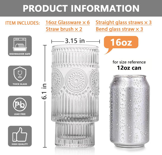6 Pack Large 16oz Ribbed Glassware Set, With Glass Straws Stackable Glass Cups, Vintage Textured Clear Striped Drinking Glasses Set, for Bar Beverages,Juice,Water,Cocktail,Iced Coffee