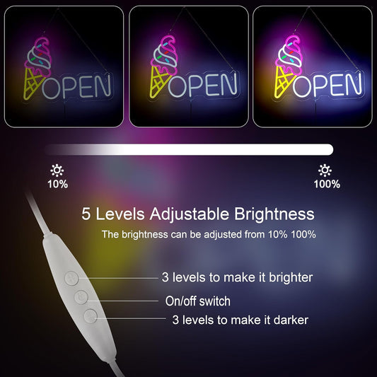 Ice Cream Open Neon Sign for Wall Décor Dimmable Business Store Drink Shop LED Neon Light USB Powered Neon Art Signs Decor