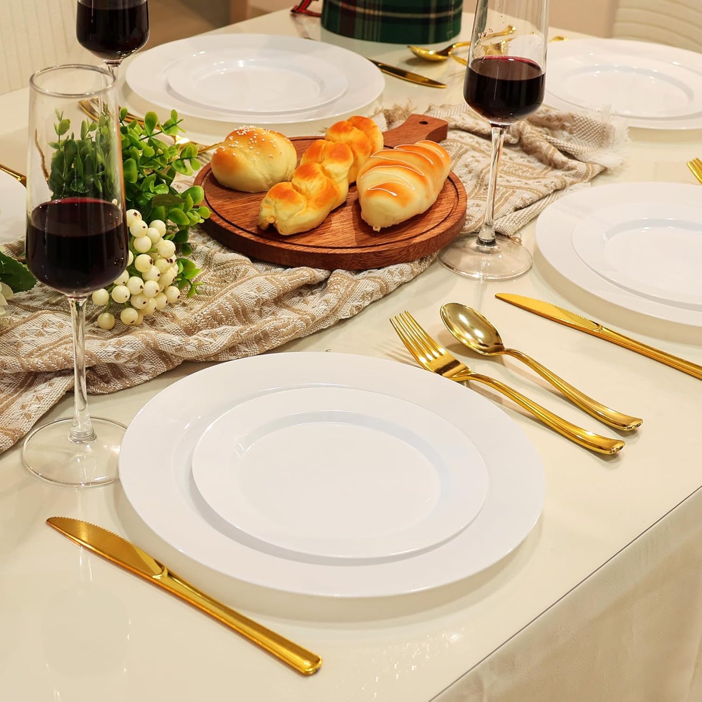 100 PCS White Plastic Plates, Plastic Thanksgiving Plates Disposable Include 50 Dinner Plate and 50 Dessert Plate Perfect for Holiday, Wedding & Thanksgiving Party