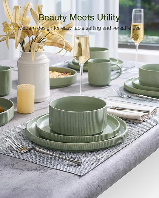Famiware Star Dinnerware Set, Plates and Bowls Sets for 8 (24pcs), Ribbed Stoneware Dishes - Chip & Scratch Resistant, Microwave & Dishwasher Safe, Matte Sage Green