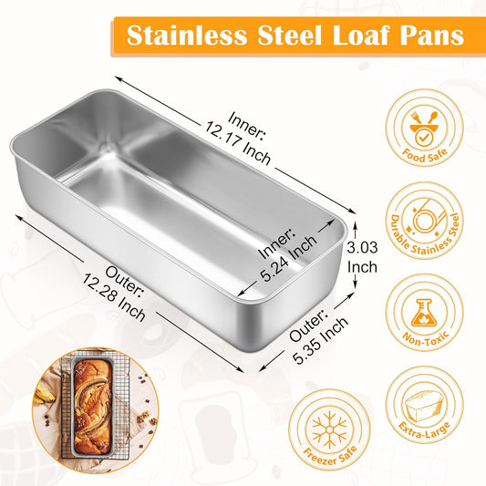 E-far Bread Loaf Pan, 12” x 5” Large Stainless Steel Loaf Pan for Homemade Bread, Long Metal Bakeware Mold for Baking Banana Cake Meatloaf Brownies Lasagna, Nontoxic & Dishwasher Safe