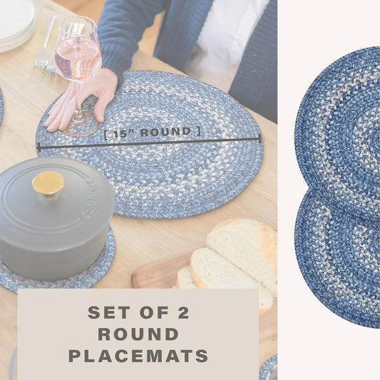 Homespice Denim Round Braided Placemats, Country Coastal Decor, Set of 2, 15" Blue Jute Table Mats - Vibrant Colors, Durable, Easy to Clean and Protects Furniture