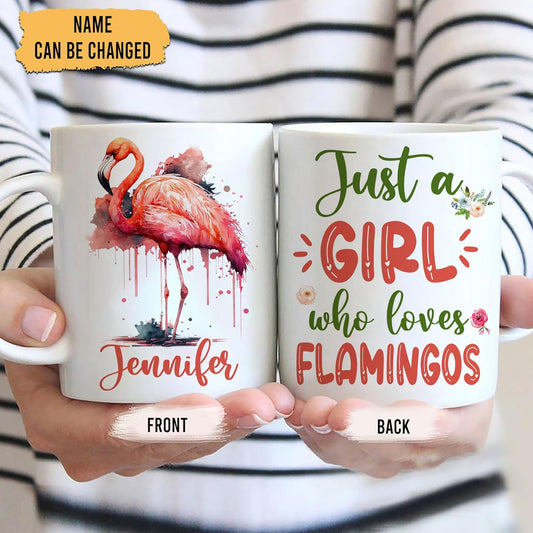 Hyturtle Personalized Gifts Flamingo Lover - Just A Girl Who Loves Flamingos Custom Name Ceramic Coffee Mug Cup 11oz - Idea Cute Animal Lover Gifts For Women, Girl Daughter On Birthday, Christmas
