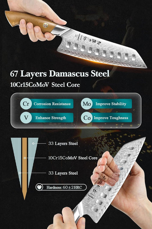 HEZHEN Damascus Santoku Knife, 7 Inches, 67 Layers Damascus Steel, Ultra Sharp Blade, Japanese Chef Knife for Professional Chefs and Home Cooking, Linen Micarta Handle, Gift Packing