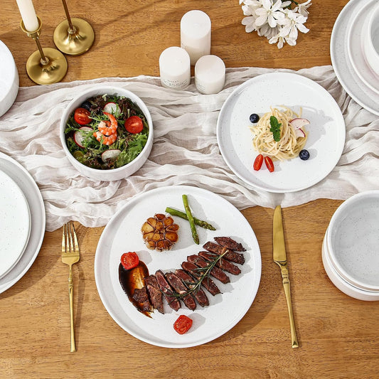 GZG Modern Art Series - 18 Pcs Speckled Stoneware Plates and Bowls Sets, Ceramic Dinnerware Set with Rustic Terracotta Underside, Microwave and Dishwasher Safe Handcrafted Dishes Set - Porcelain White