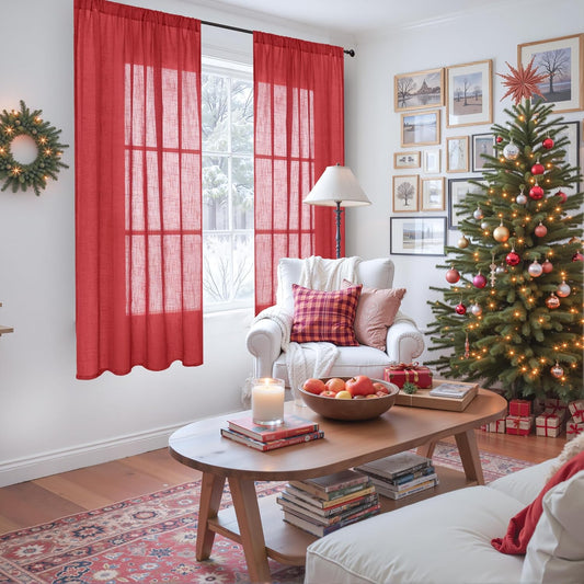 BGment Red Linen Curtains 63 Inches Long for Living Room, Semi Sheer Window Drapes Lightweight Rustic Country Textured Rod Pocket Christmas Decor for Dining Bedroom, 2 Panels Set, Each 42 Inch Wide