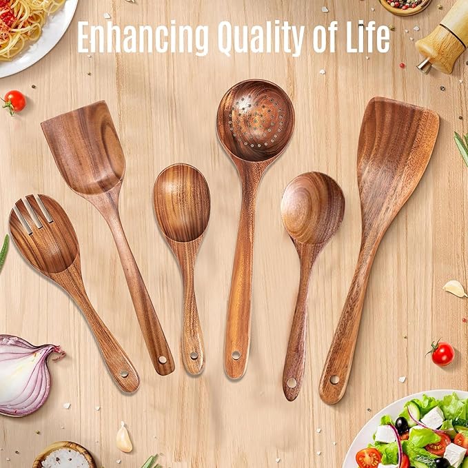 6 PCs Teak Wooden Utensil Set with Hooks, Wooden Spoons for Cooking, Wood Cooking Utensils Set, Comfort Grip, Non Stick Cookware, Easy to Clean, Kitchen Stuff, Wood Spatula