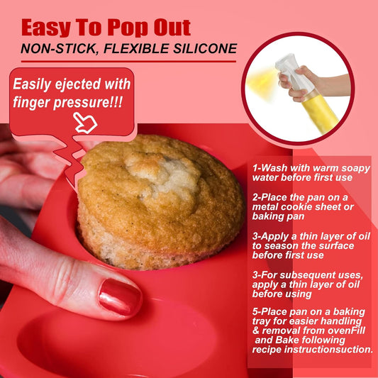 12 Cup Silicone Muffin Pan,Regular Size Cupcake Pan Great for Making Muffin Cakes, Bread, Tart - Piping Bags and Tips Set,Silicone Baking Cups-2 Pack