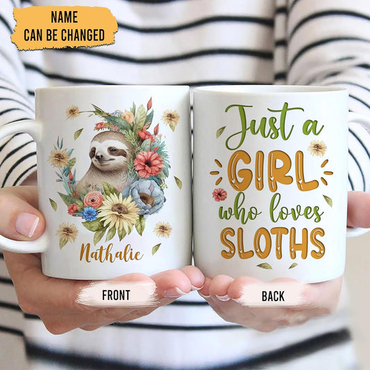 Hyturtle Personalized Gifts Sloth Lover - Just A Girl Who Loves Sloths Custom Name Ceramic Coffee Mug Cup 11oz - Idea Cute Animal Lover Gifts For Women, Girl Daughter On Birthday, Christmas