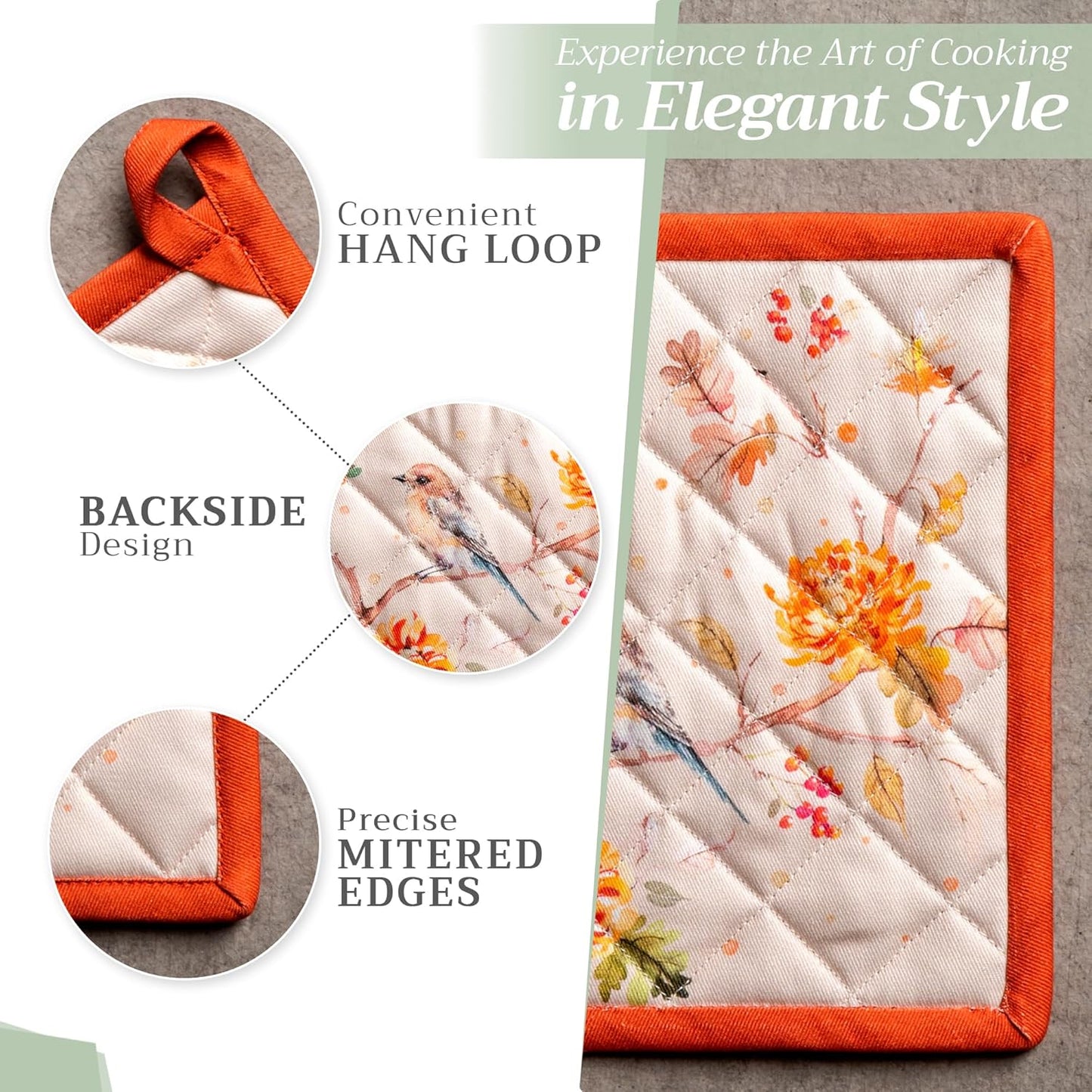 Maison d' Hermine 100% Cotton Oven Mitt & Pot Holder Set (7.5"x13" & 8"x8") Heat Resistant BBQ Cooking Gloves with Loop for Thanksgiving Christmas Decorations Handling Hot Pans (Kelim - Prairie)