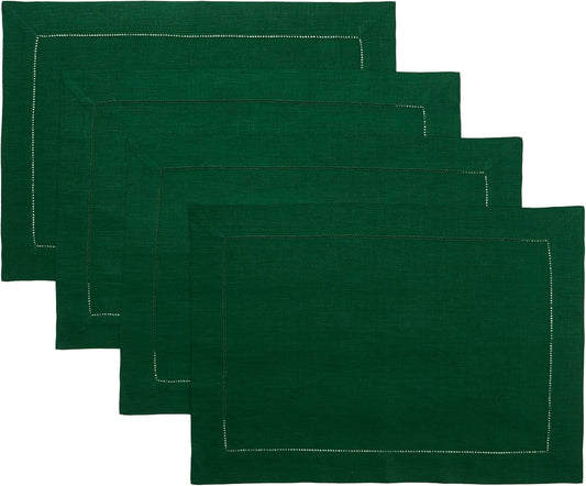 D'Moksha Homes Linen Placemats Set of 4 - Classic Hemstitch Forest Green Placemats 14 x 19 Inch - 100% Pure Linen Table Mats for Fall, Autumn and Halloween - Handcrafted and Machine Washable