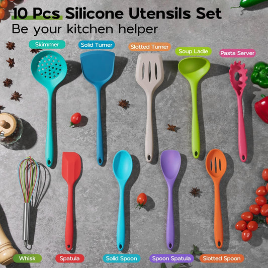 Onader Silicone Kitchen Utensils, Non Toxic Cooking Utensils Set for Nonstick Cookware, Kitchen Gadgets Tools Set of 10 - Colorful