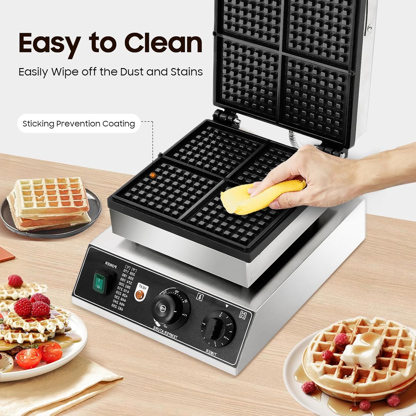 1750W 4 Square Belgian Waffle Maker Machine with Temp and Time Control 122-572℉, 0-5 Mins, Non-Stick Plates Commercial Waffles Iron w/Four Molds, Stainless Steel Electric Waffle Making Machine