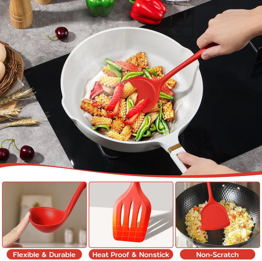 Onader 10 Pieces Cooking Utensils Set, Red Silicone Kitchen Utensils Set for Cooking, Non Toxic & Heat Resistant